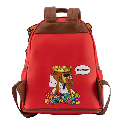 Red backpack with cartoon design and 'Mommy' speech bubble on a white background