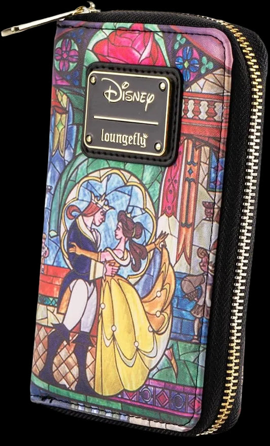 A Loungefly x Disney zip-around wallet featuring a stained-glass-style print of Belle and the Prince from Beauty and the Beast, with a black leather patch displaying the Disney and Loungefly logos.