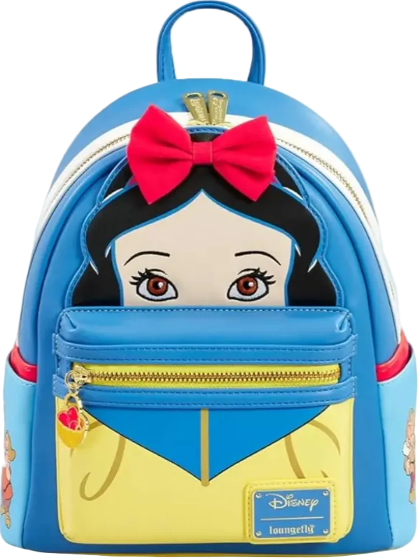 Backpack designed like Snow White from Disney with a red bow and blue outfit.