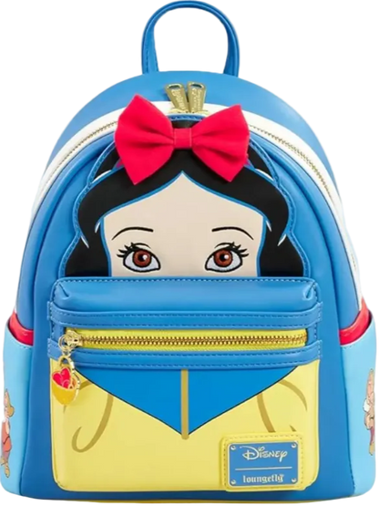 Backpack designed like Snow White from Disney with a red bow and blue outfit.