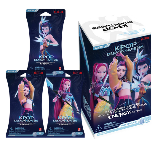 KPop Demon Hunters Energy Edition Series 1 trading card box with three sealed 8-card packs
