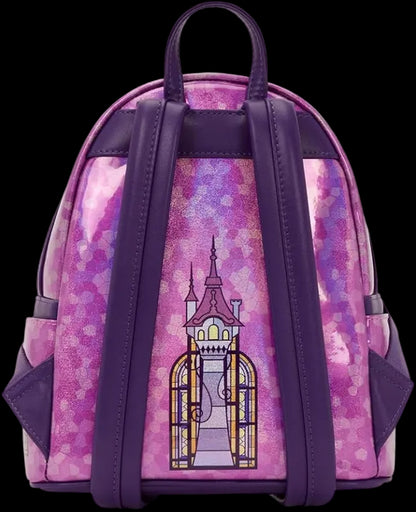 Backpack with purple and pink design featuring a castle window on a white background