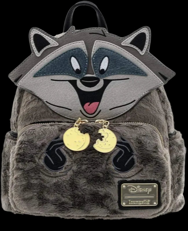 Plush backpack with a raccoon design on a white background