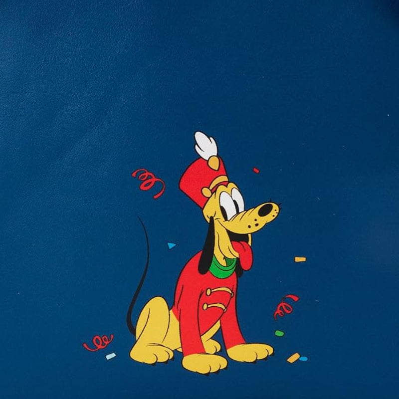 Cartoon dog character in a red outfit on a blue background
