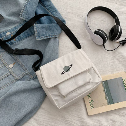 Planet Embroidery Large Capacity Crossbody Shoulder Bag: White with Frog