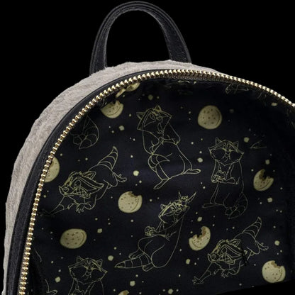 Backpack with raccoon and moon pattern on a black background