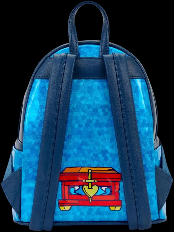 Blue backpack with a red and yellow design on a white background