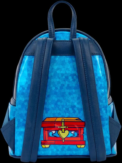Blue backpack with a red and yellow design on a white background
