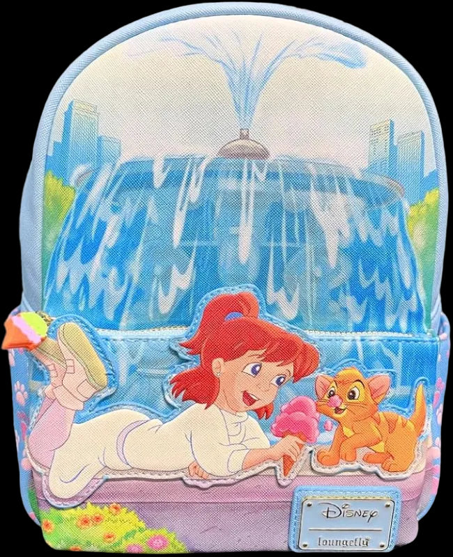 Backpack with Disney character design featuring a girl and dog by a fountain.