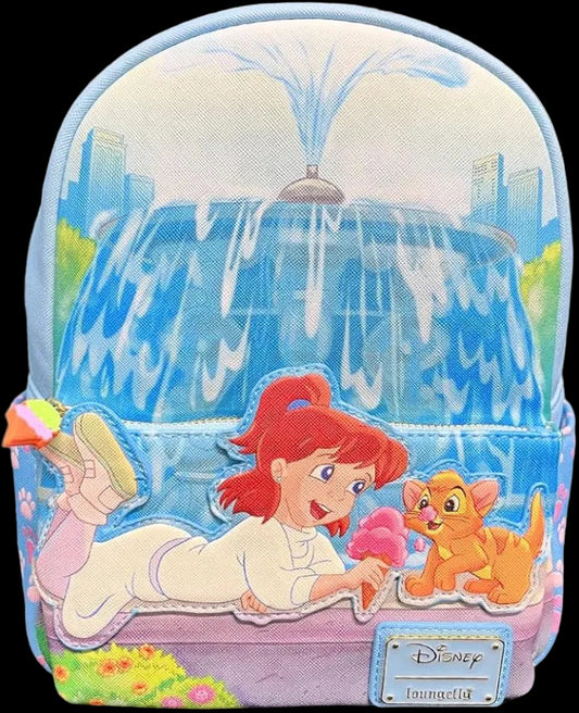 Backpack with Disney character design featuring a girl and dog by a fountain.