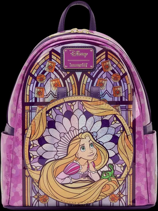 Backpack with Rapunzel design inspired by stained glass, featuring a Disney logo.
