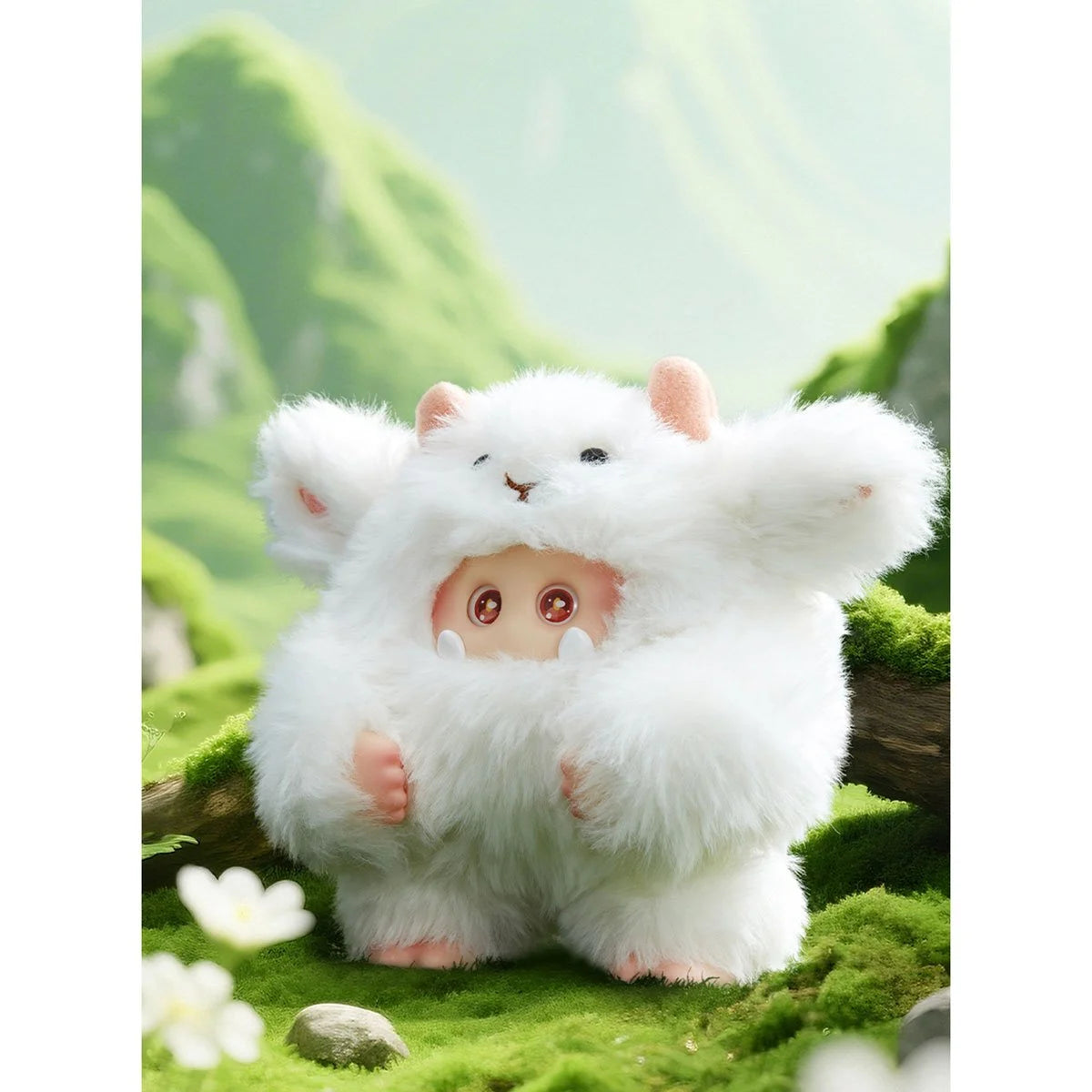 Plush toy resembling a white creature with pink accents on a green, natural background