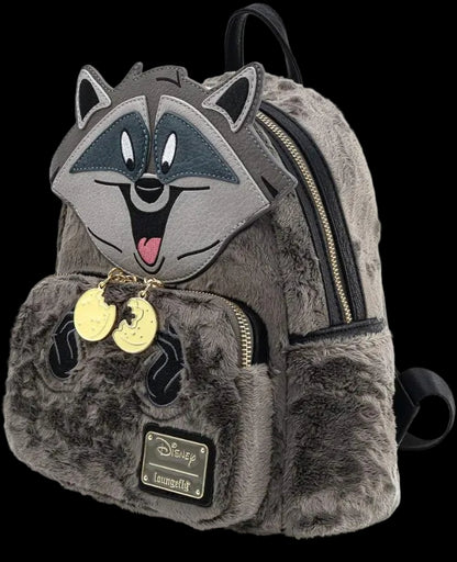 Gray furry backpack with cartoon raccoon face and gold tags on a white background