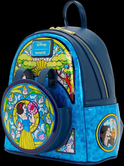 Backpack with Disney-themed design featuring stained glass windows and character images.