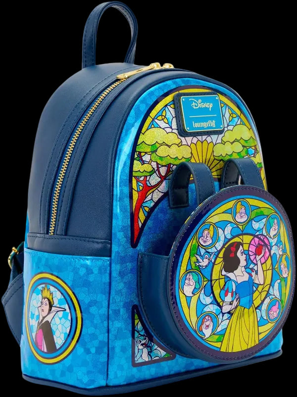 Blue backpack with Disney-themed designs on a white background
