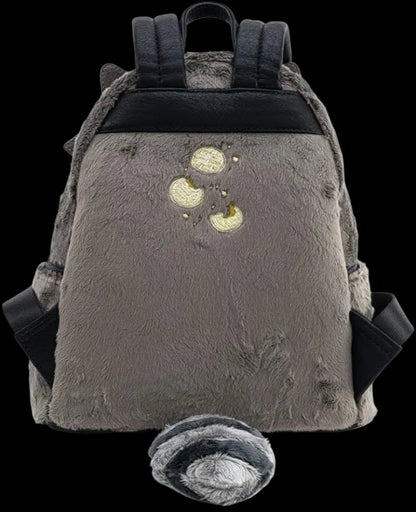 Gray plush backpack with black accents on a white background