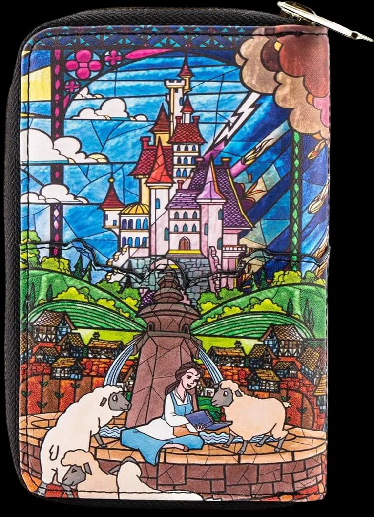 A zip-around wallet featuring a colorful stained-glass style illustration of a fairytale castle, a woman and a man by a fountain, sheep, and a bridge, shown on a plain white background.