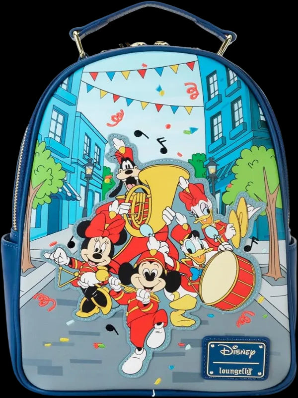 Backpack with cartoon characters and colorful design, featuring a Disney brand label.