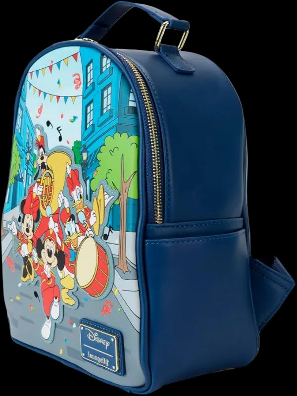Navy blue backpack with cartoon characters on a colorful cityscape background