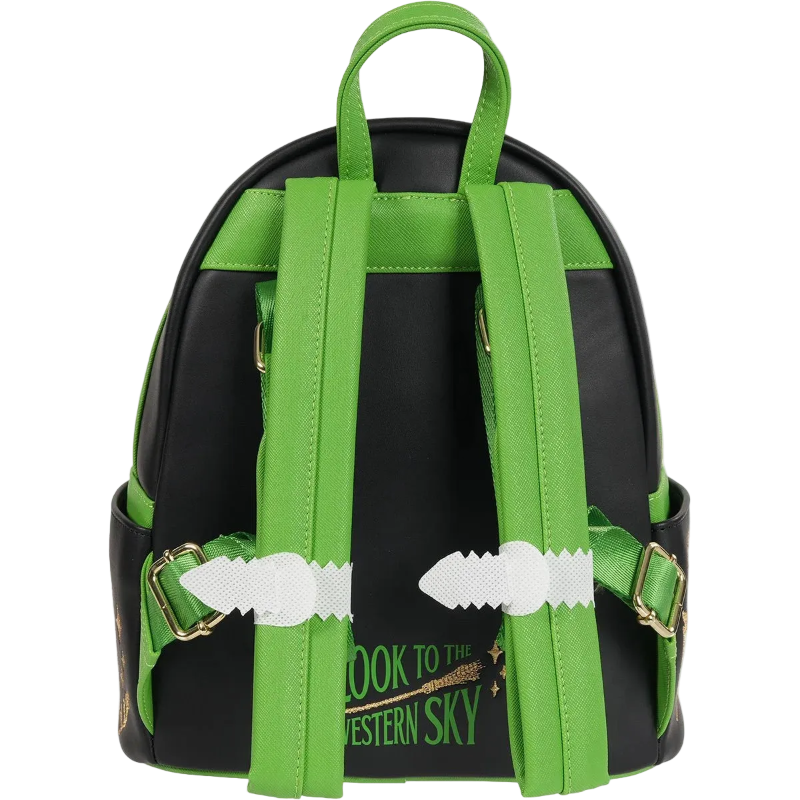 Black backpack with green straps and text on a white background