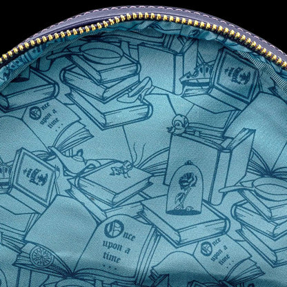 Close-up of a blue pouch with fairy tale book design
