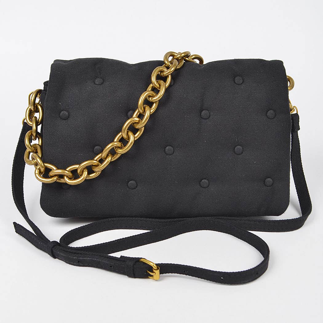 Cotton Canvas Studded Chain Shoulder Bag: Green