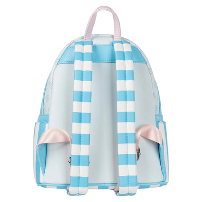 Backpack with blue and white checkered pattern on a white background