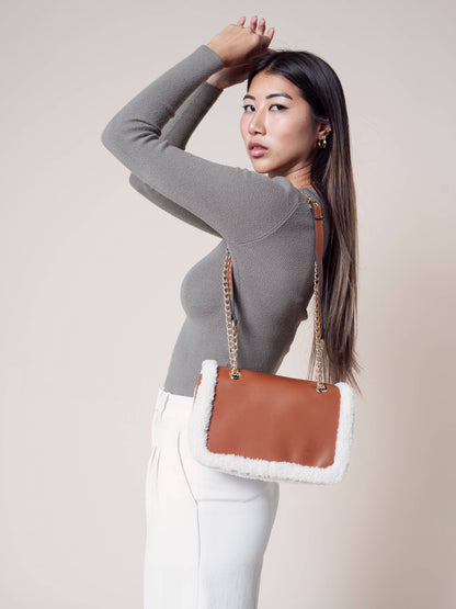 Coco Sherpa Trim Crossbody Bag – Chain Strap | M2356 : Brown