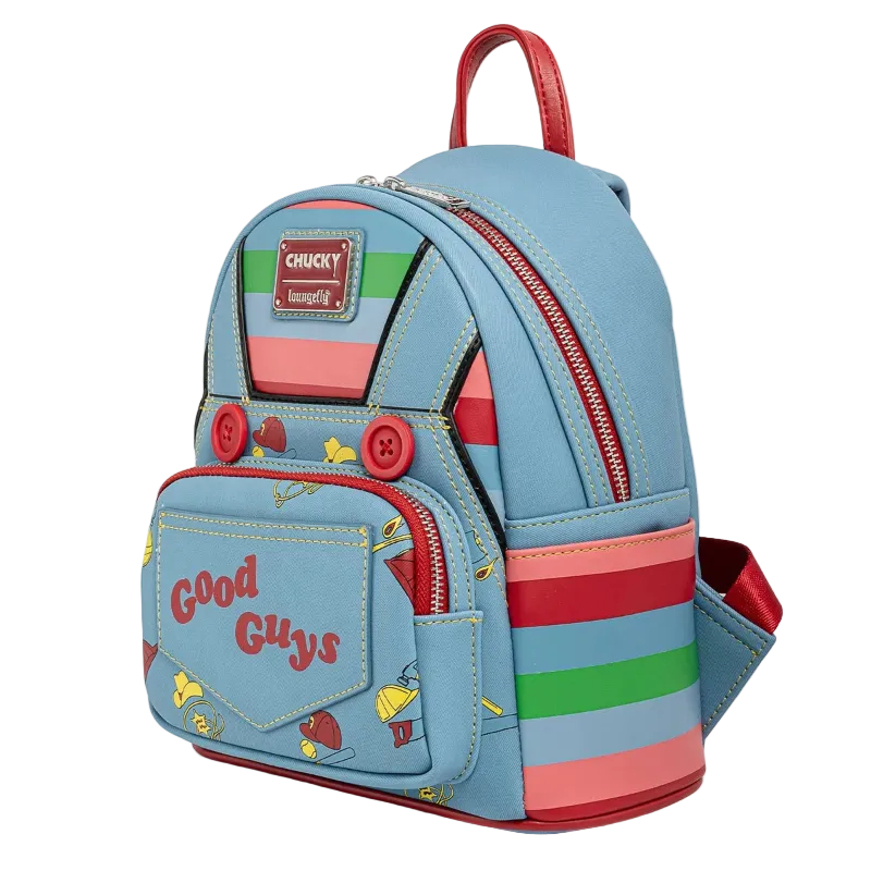 Colorful backpack with 'Good Guys' text and character designs on a white background