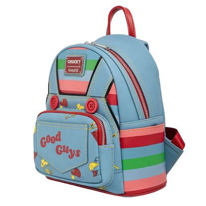 Colorful backpack with 'Good Guys' text and character designs on a white background