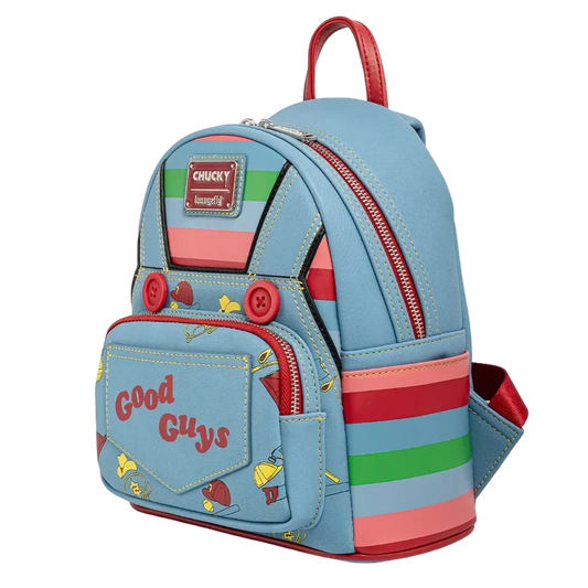 Colorful backpack with 'Good Guys' text and character designs on a white background