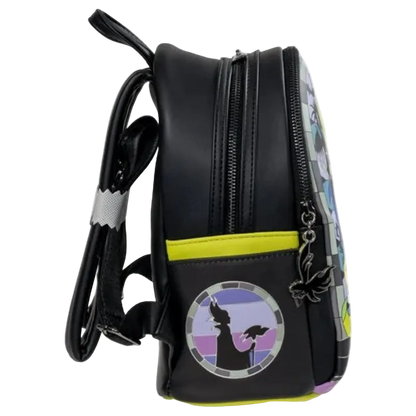 Black backpack with colorful design on a white background