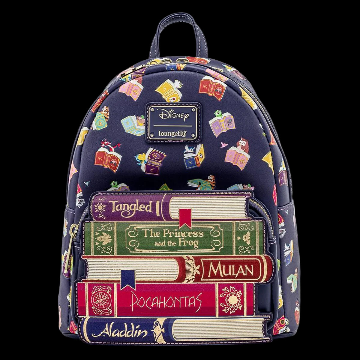 Backpack with Disney book design and character illustrations on a white background