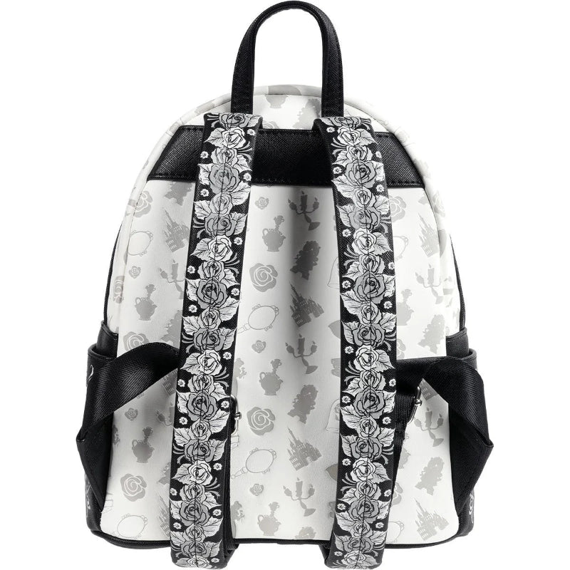 Backpack with black floral straps on a white background