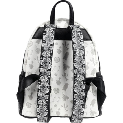 Backpack with black floral straps on a white background