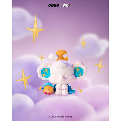 Toy figure of a character with blue accents on a purple background with stars and clouds, featuring the brand 'OHKU'.