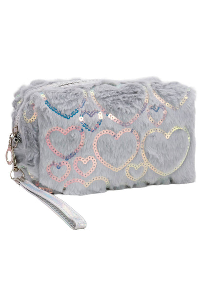 Heart Sequined Fuzzy Fur Cosmetic Pouch Bag: ASSORTED / ONE SIZE