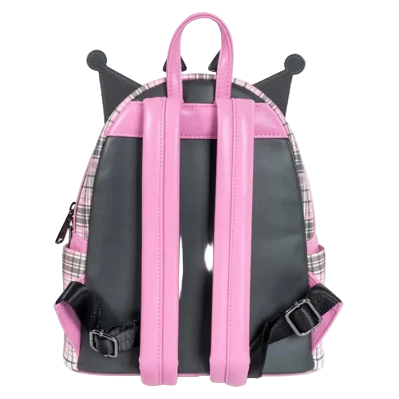 Backpack with pink straps and plaid pattern on a white background