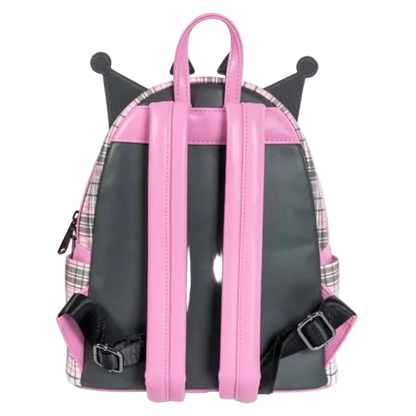 Backpack with pink straps and plaid pattern on a white background