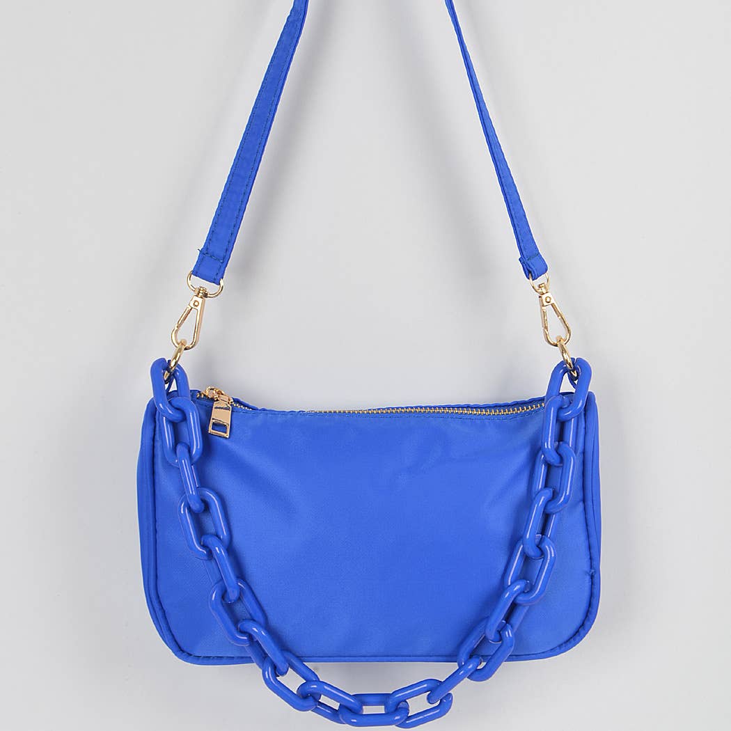 Nylon Shoulder Bag W/Acrylic Chain: Cobalt