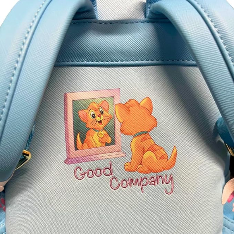 Backpack with embroidered design of a cat looking at itself in a mirror with 'Good Company' text.
