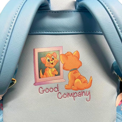 Backpack with embroidered design of a cat looking at itself in a mirror with 'Good Company' text.
