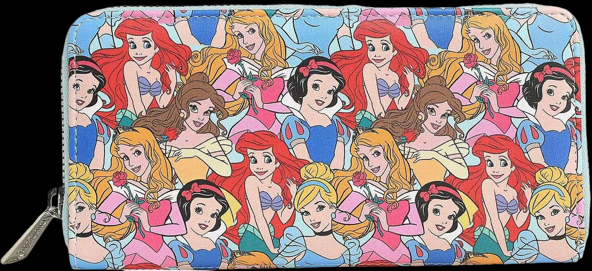 A zip-around wallet featuring a colorful all-over print of Disney princess characters on a light blue background, with a silver zipper pull visible on the left side.