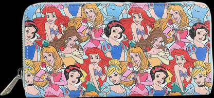 A zip-around wallet featuring a colorful all-over print of Disney princess characters on a light blue background, with a silver zipper pull visible on the left side.
