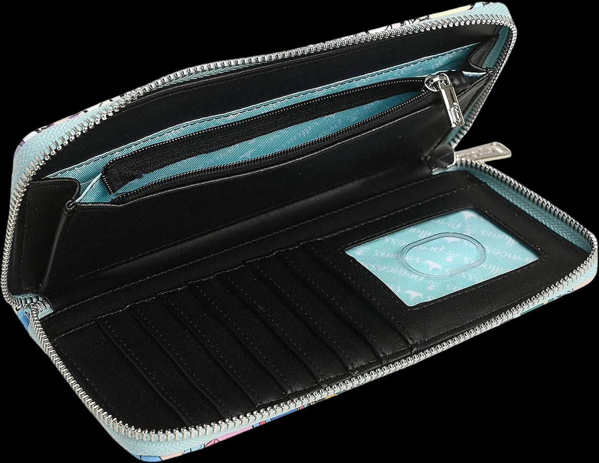 An open zip-around wallet with a black interior, multiple card slots, and a light blue patterned exterior and interior lining, shown on a white background.