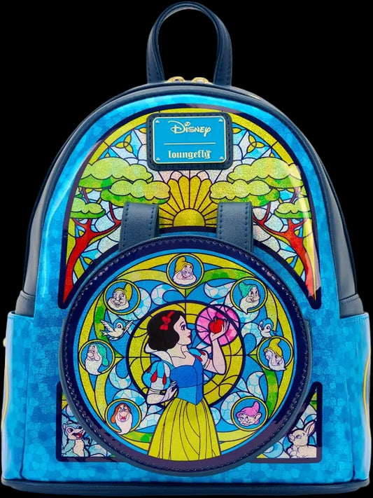 Backpack with stained glass design featuring Disney characters, branded as Loungefly.