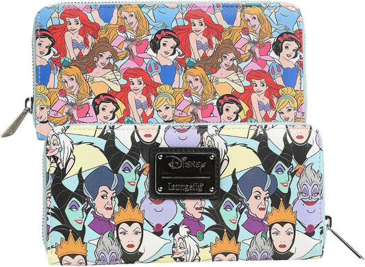 A Loungefly Disney zip-around wallet featuring a split design with two different character print patterns: a top section with Disney Princesses and a bottom section with Disney Villains, complete with a black metal Disney logo plaque on the front.
