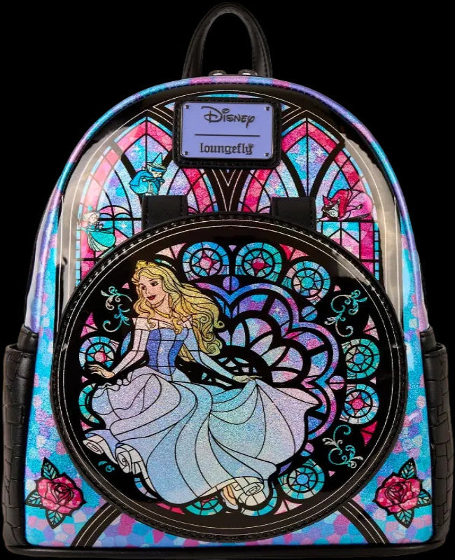 Backpack with Disney design featuring a princess in a stained glass style.