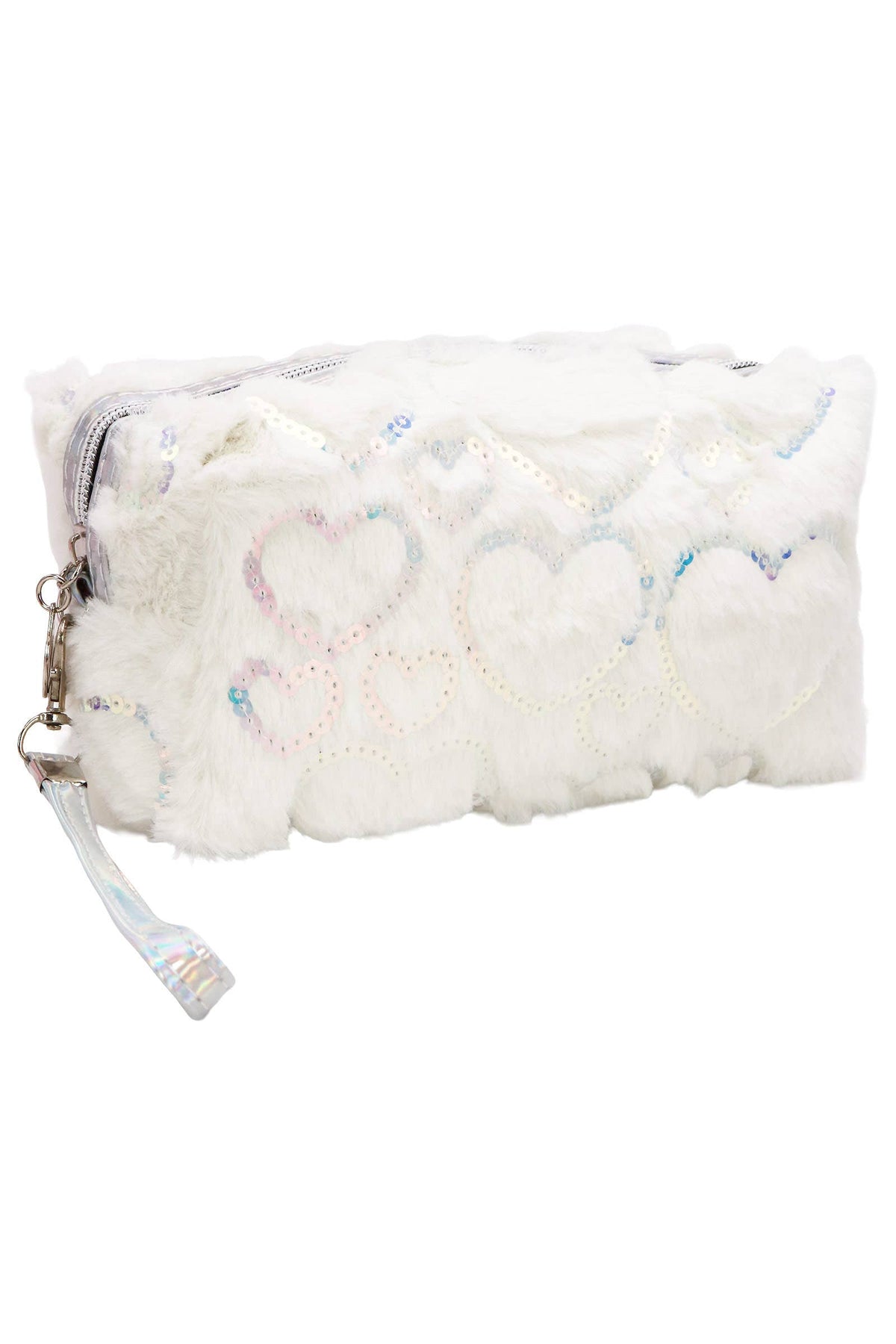 Heart Sequined Fuzzy Fur Cosmetic Pouch Bag: ASSORTED / ONE SIZE