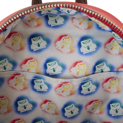 Close-up of a pink bag with colorful cartoon character pattern on a white background